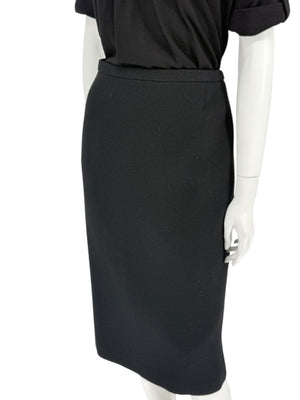 Rena Lange Black Wool Skirt with Contrast Pleated Back Panel – Size 12 (DE 42)