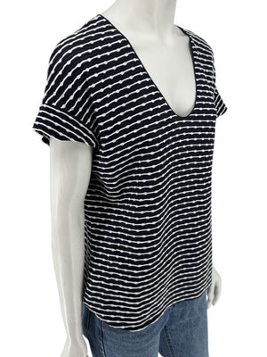 Armani Collezioni Made in Italy Navy & White Textured Stripe V-Neck Top – Size 12