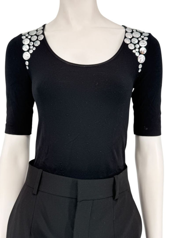 Wolford Black Embellished Shoulder "Heavy Metal" Bodysuit – Size XS