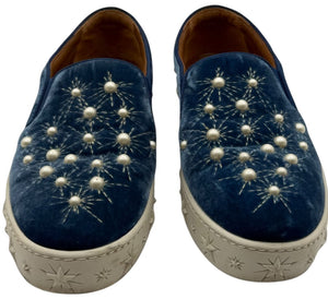 Aquazzura 'Cosmic Pearls' Slip-On Sneakers in Ocean Blue Velvet – Size 37 – Good Preowned Condition