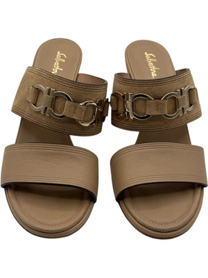 Salvatore Ferragamo Tan Leather & Suede Wedge Sandals – Size 9