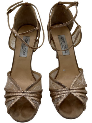 Jimmy Choo Champagne Lace & Glitter Ankle Strap Sandals – Size 39