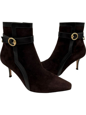 Gianvito Rossi Chocolate Brown Suede & Leather Buckle Booties – Size 39.5