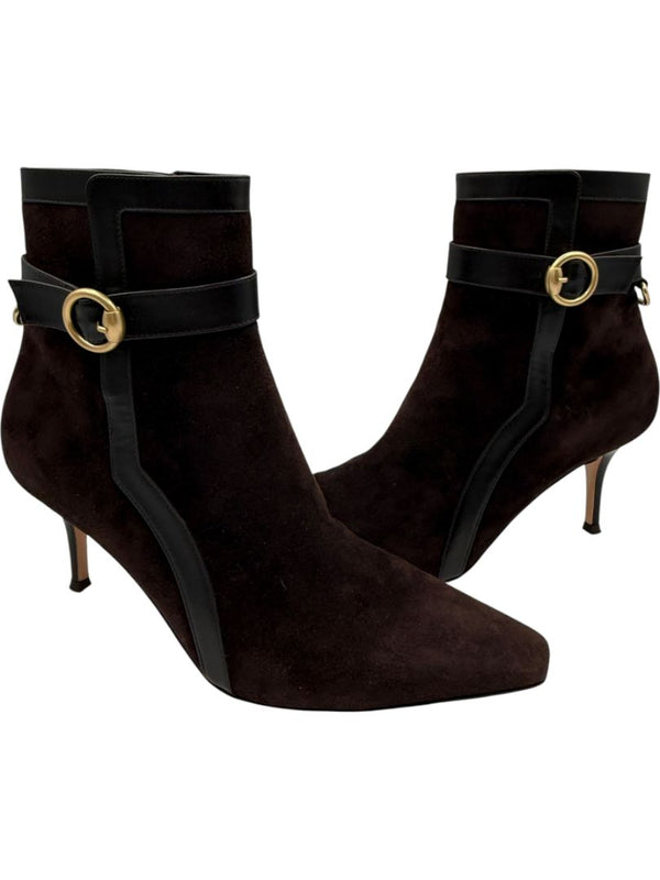 Gianvito Rossi Chocolate Brown Suede & Leather Buckle Booties – Size 39.5