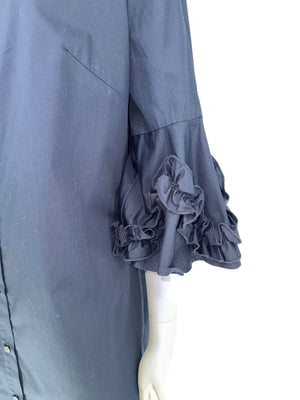 Lela Rose Navy Cotton Shirt Dress with Ruffle Sleeves – Size 10