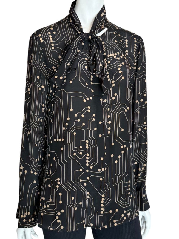 Akris Punto Black & Sand Silk Circuit Print Bow Blouse – Size 10