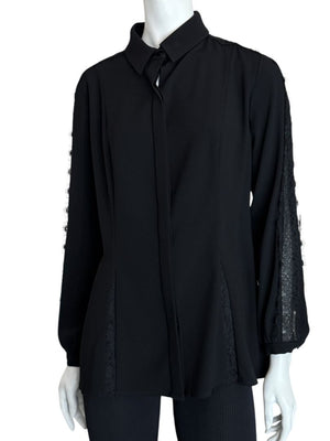 Pamella Roland Black Longsleeve Blouse with Lace Inset - Large