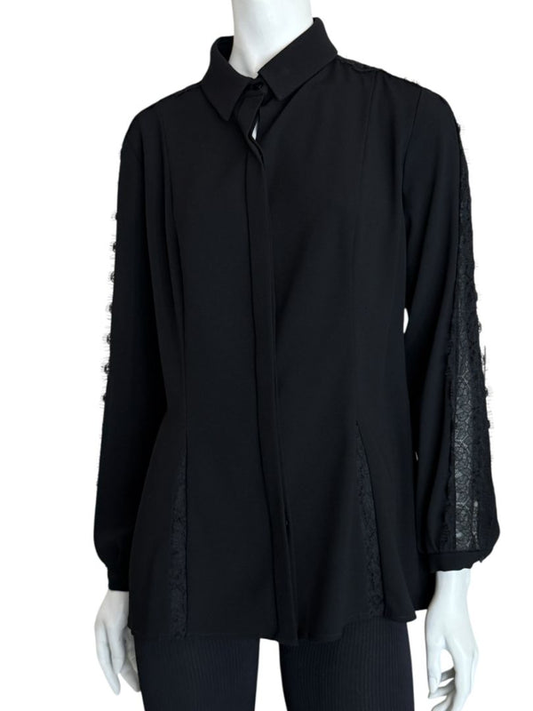 Pamella Roland Black Longsleeve Blouse with Lace Inset - Large