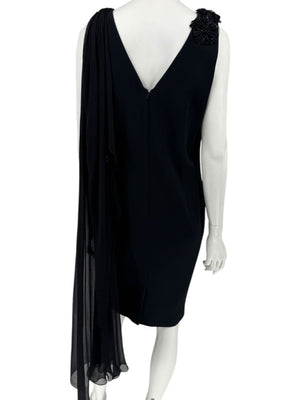 Pamella Roland Black Embellished One-Shoulder Cocktail Dress with Chiffon Drape – Large