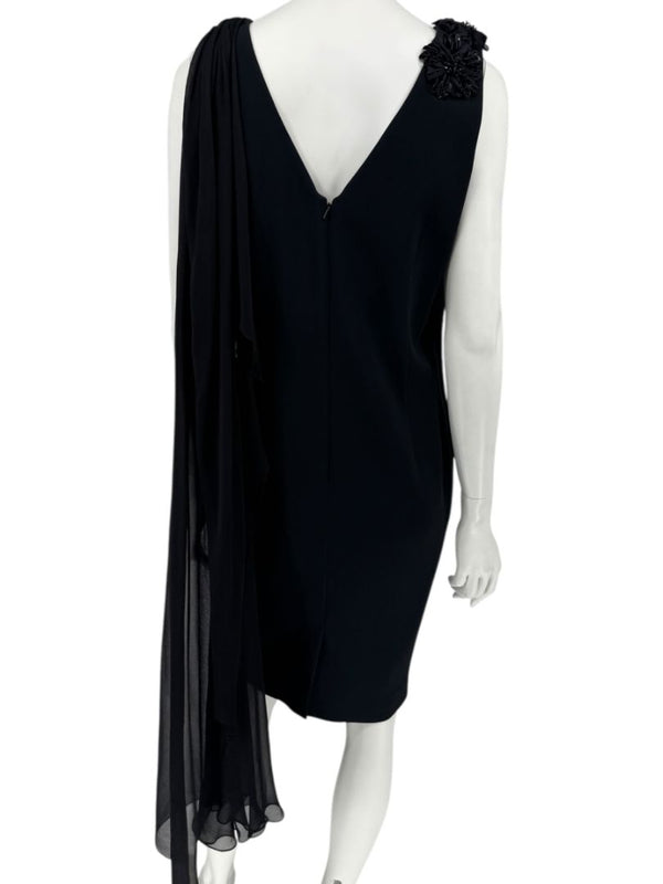 Pamella Roland Black Embellished One-Shoulder Cocktail Dress with Chiffon Drape – Large