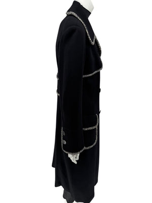 Lida Baday Black Wool Long Coat with Metallic Braid Trim – Size 12