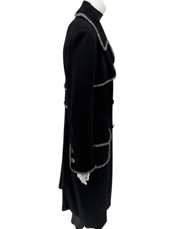 Lida Baday Black Wool Long Coat with Metallic Braid Trim – Size 12
