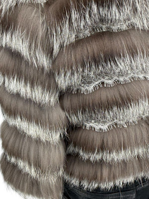 Pamella Roland Taupe Silver Fur Cape Style Jacket with Lace Trim – Sample Size Fits Like Large