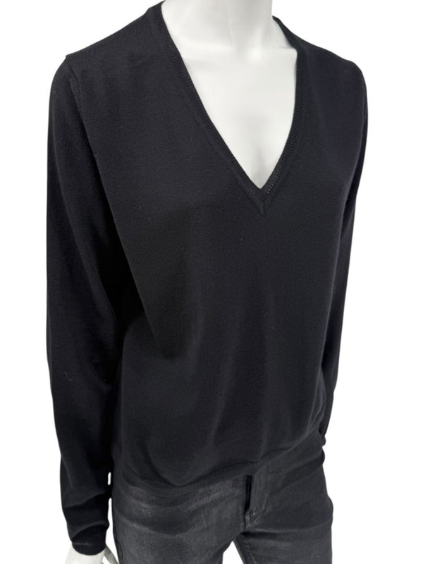 Burberry London Black Extrafine Merino Wool V-Neck Sweater – Size L