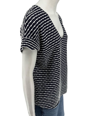Armani Collezioni Made in Italy Navy & White Textured Stripe V-Neck Top – Size 12