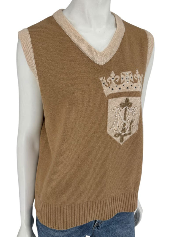 Misselle Les Copains Tan Embellished Crest Sweater Vest – Size L