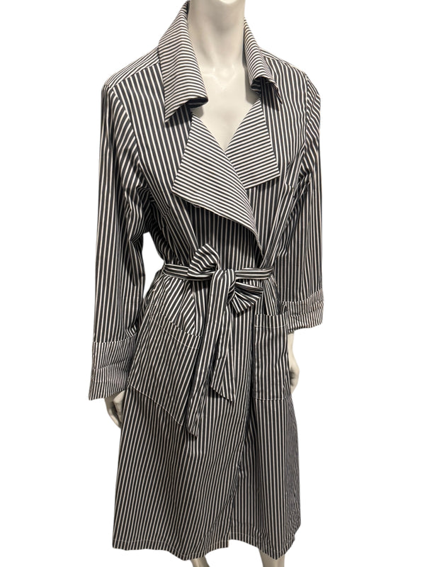 Jennifer Torosian Black & White Striped Belted Duster Jacket – Size S
