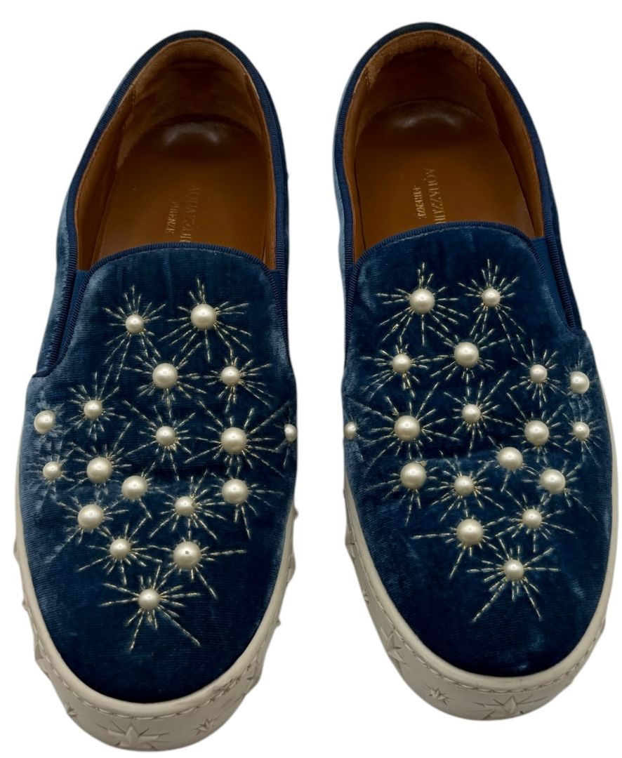 Aquazzura 'Cosmic Pearls' Slip-On Sneakers in Ocean Blue Velvet – Size 37 – Good Preowned Condition