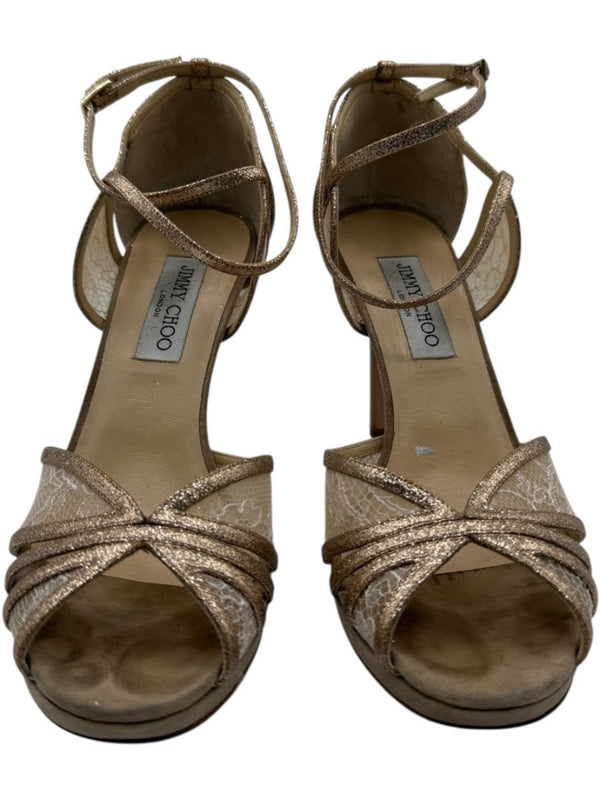 Jimmy Choo Champagne Lace & Glitter Ankle Strap Sandals – Size 39