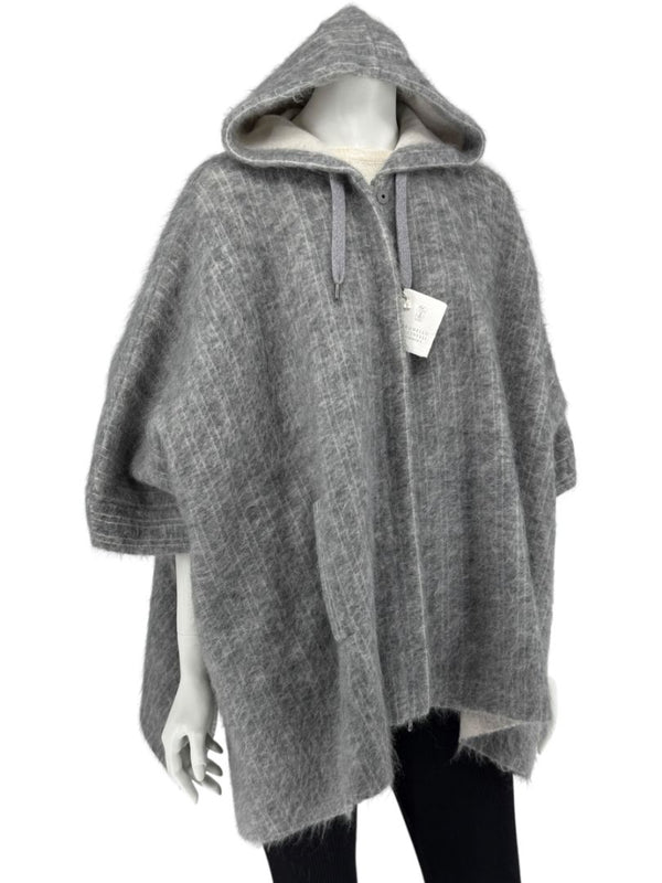 Brunello Cucinelli Grey Mohair-Cashmere Hooded Cape Jacket – Size XS