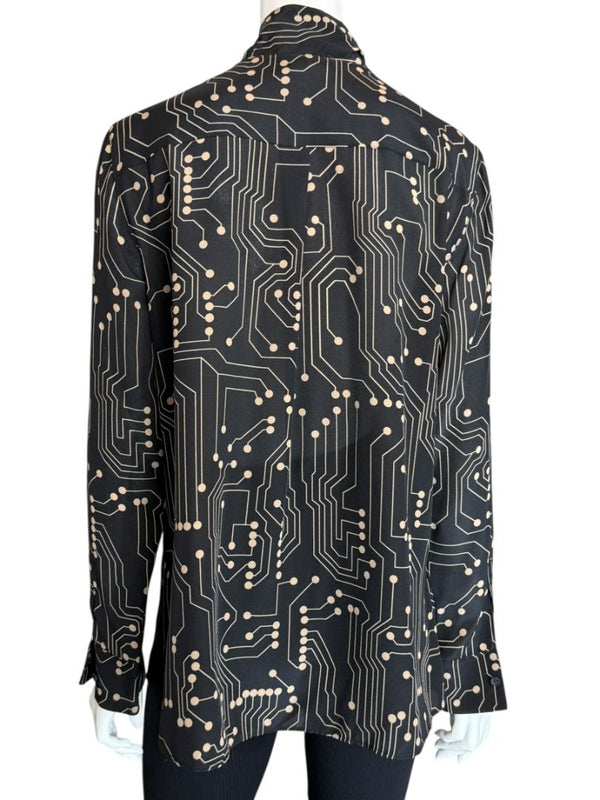 Akris Punto Black & Sand Silk Circuit Print Bow Blouse – Size 10
