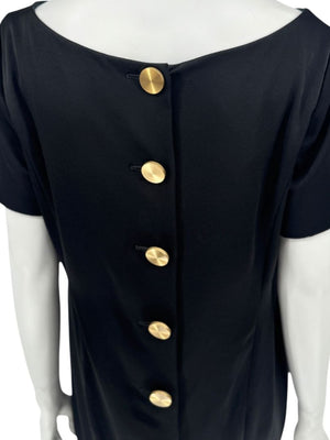 Pamella Roland Black Back Button Shift Dress with Gold Hardware - Large