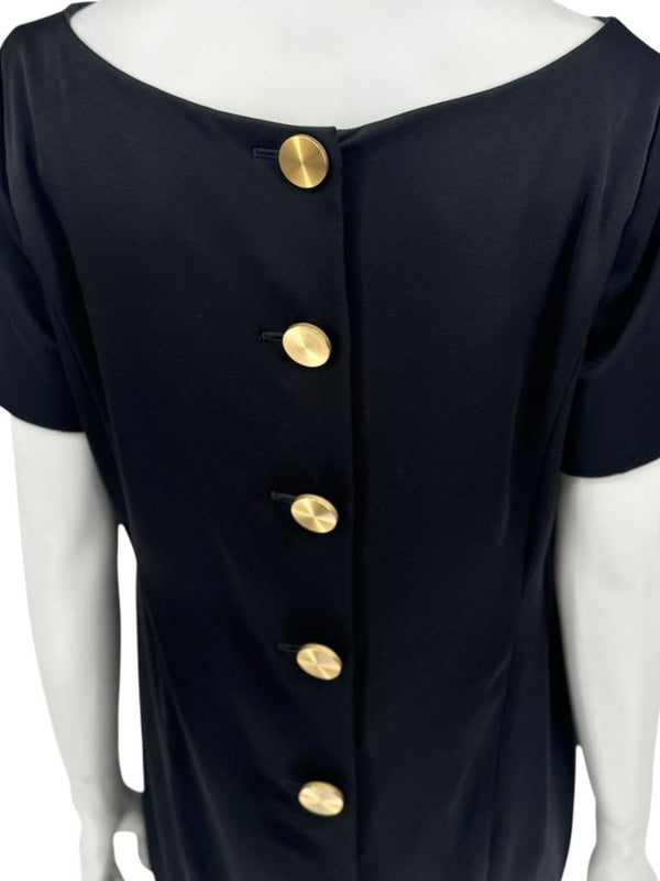 Pamella Roland Black Back Button Shift Dress with Gold Hardware - Large