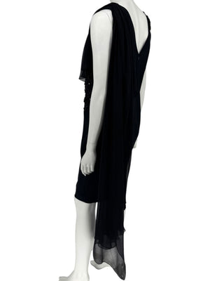 Pamella Roland Black Embellished One-Shoulder Cocktail Dress with Chiffon Drape – Large