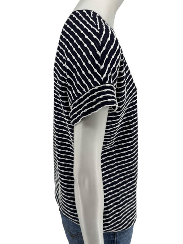 Armani Collezioni Made in Italy Navy & White Textured Stripe V-Neck Top – Size 12