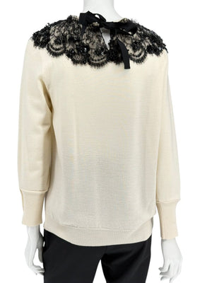 Oscar de la Renta Ivory Knit Sweater with Black Lace Embellished Collar – Size XL