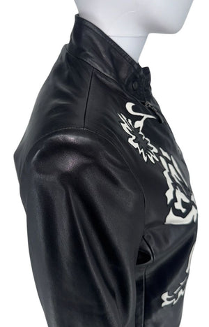 Giorgio Armani Black Lambskin Leather Floral Jacket – Size 40 (IT)