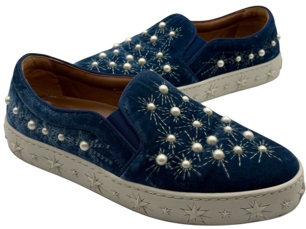 Aquazzura 'Cosmic Pearls' Slip-On Sneakers in Ocean Blue Velvet – Size 37 – Good Preowned Condition