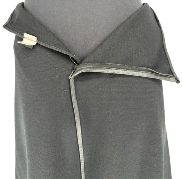 Douglas Hannant Black Wool Wrap-Style Skirt with Nappa Leather Trim – Size 14
