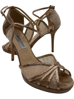 Jimmy Choo Champagne Lace & Glitter Ankle Strap Sandals – Size 39