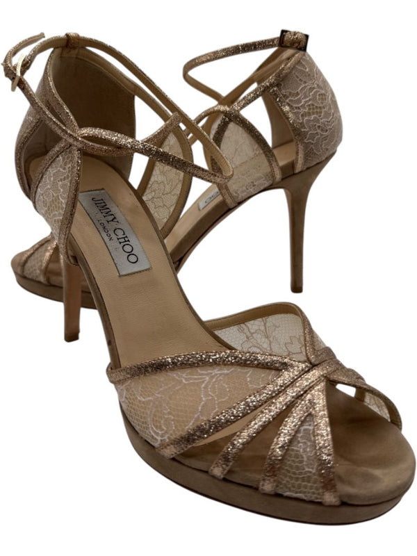Jimmy Choo Champagne Lace & Glitter Ankle Strap Sandals – Size 39