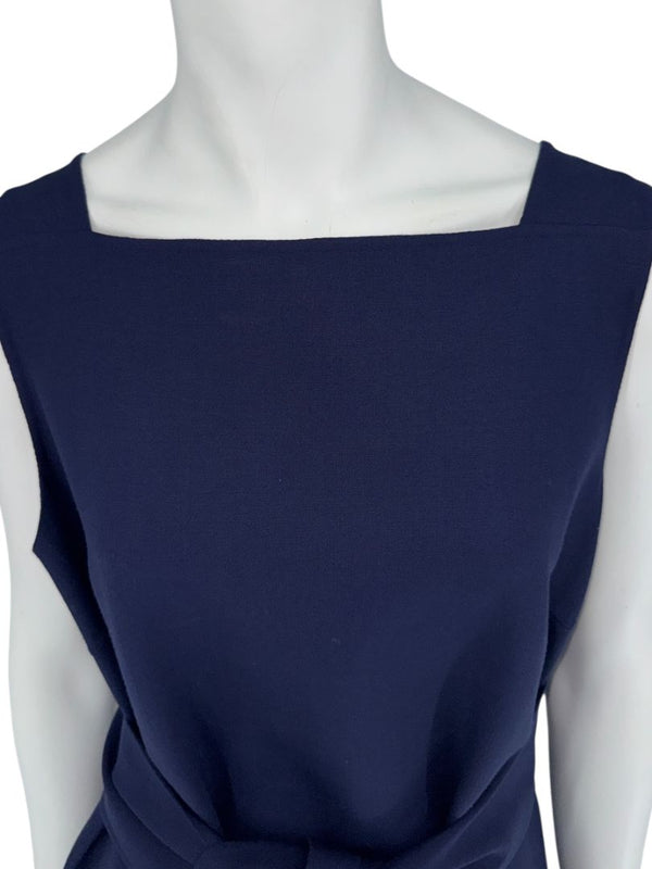 Oscar de la Renta Navy Sleeveless Dress with Tie Waist - Size 8