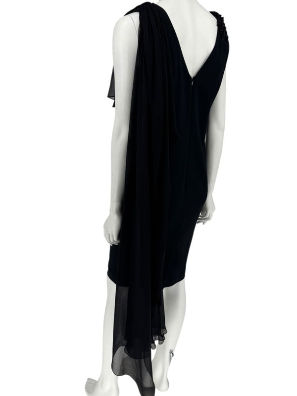 Pamella Roland Black Embellished One-Shoulder Cocktail Dress with Chiffon Drape – Large