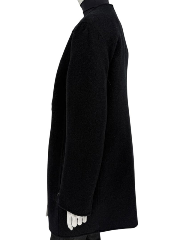 Pamella Roland Black Wool Blend Long Coat Minimalist Hidden Snap Closure - Large
