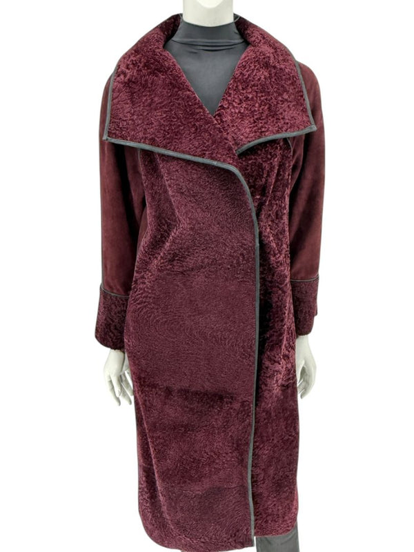 Pamella Roland Burgundy Shearling Cape Style Jacket with Leather Trim – Large