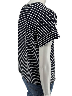 Armani Collezioni Made in Italy Navy & White Textured Stripe V-Neck Top – Size 12