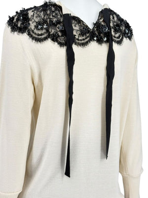Oscar de la Renta Ivory Knit Sweater with Black Lace Embellished Collar – Size XL