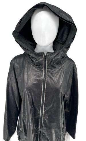 Brunello Cucinelli Blue/Black Leather Hooded Jacket – Size IT 42 (US 6)