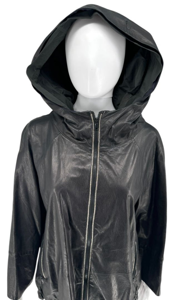 Brunello Cucinelli Blue/Black Leather Hooded Jacket – Size IT 42 (US 6)