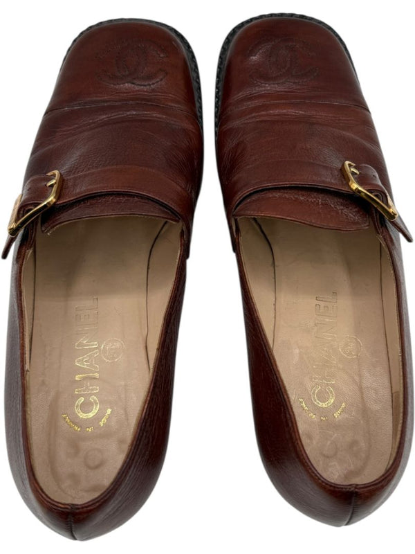 Chanel Brown Leather Square Toe Buckle Loafers – Size 40