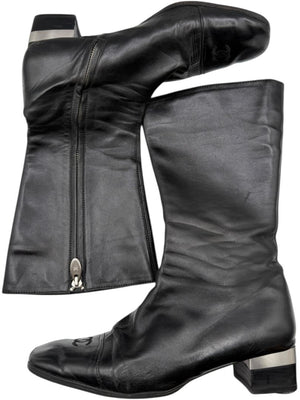 Chanel Black Leather Mid-Calf Boots with CC Cap Toe & Silver Heel Logo – Size 40 (US 10)