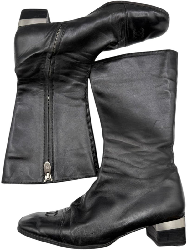 Chanel Black Leather Mid-Calf Boots with CC Cap Toe & Silver Heel Logo – Size 40 (US 10)