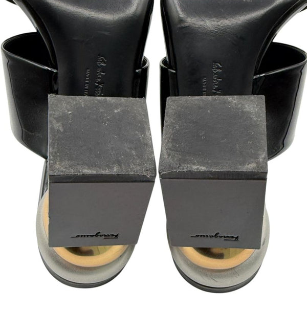Salvatore Ferragamo Black Patent Block Heel Mules - Size 8.5