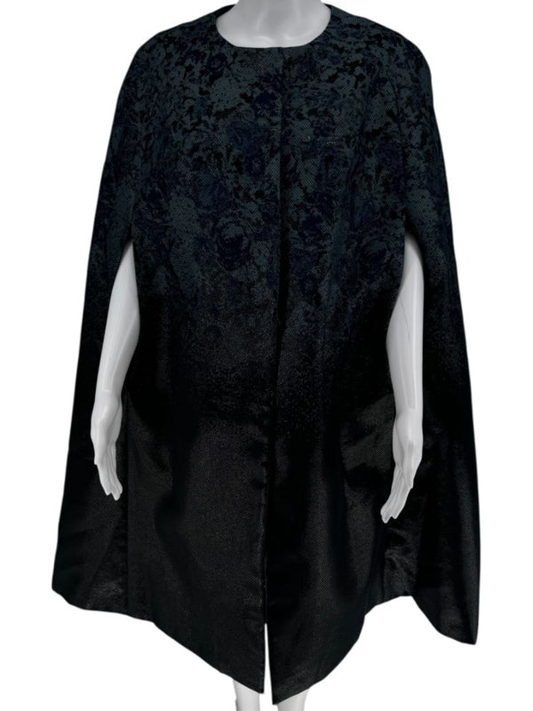 Pamella Roland Black/Blue Ombre Brocade Dress Cape Floral Motif