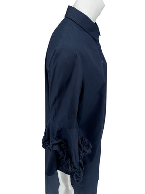 Lela Rose Navy Cotton Shirt Dress with Ruffle Sleeves – Size 10
