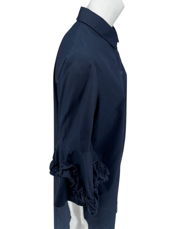 Lela Rose Navy Cotton Shirt Dress with Ruffle Sleeves – Size 10